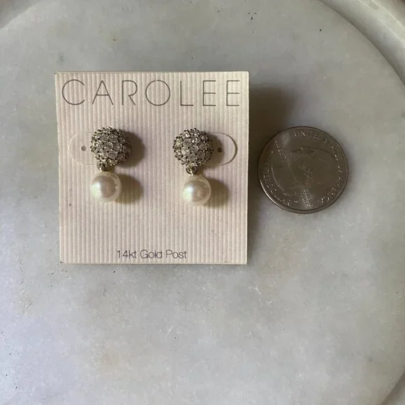 NWT Carolee CZ & glass pearl 14kt gold post pierced earrings coquette romantic - Picture 4 of 5